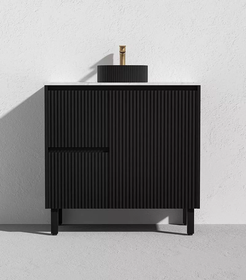 Brighton 900mm Freestanding Vanity - Matt Black Quartz Stone Top LH Drawers Brighton 900mm Freestanding Vanity - Matt Black Quartz Stone Top LH Drawers