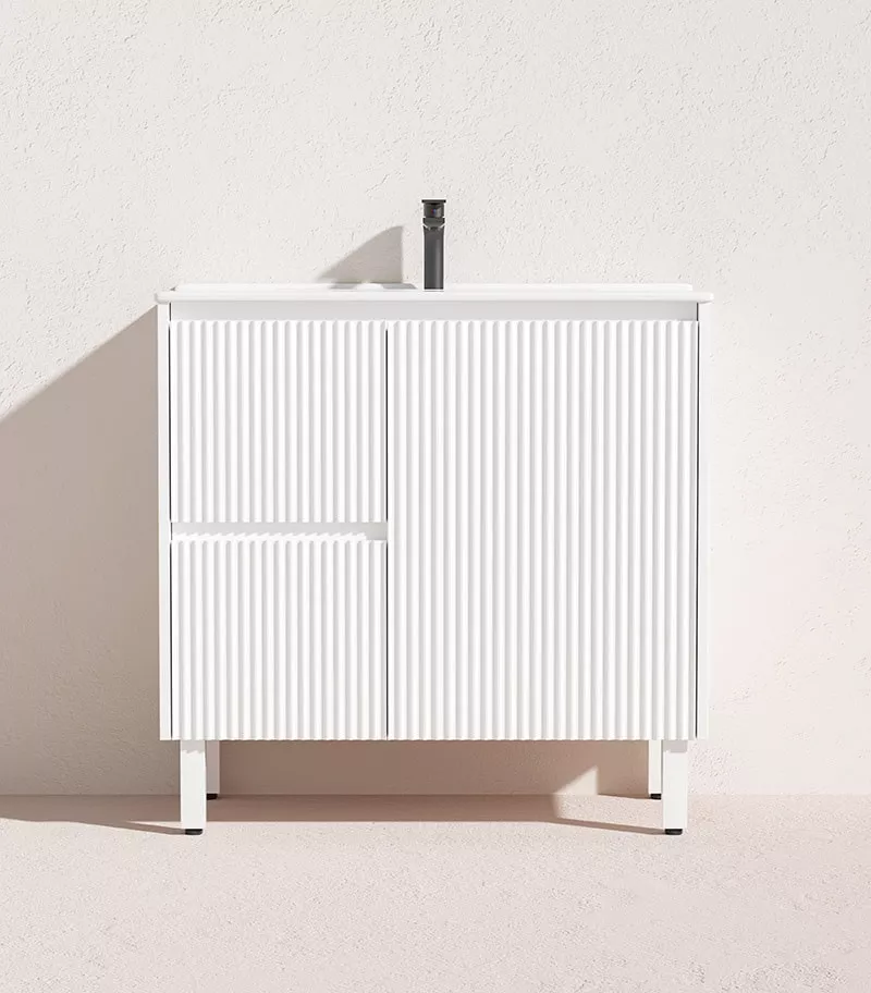 Brighton 900mm Freestanding Vanity - Matt White Ceramic Top LH Drawers
