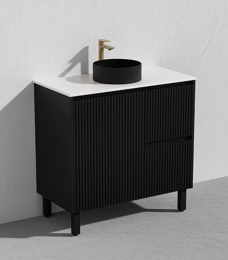 Brighton 900mm Freestanding Vanity - Matt Black Marble Stone Top RH Drawers Brighton 900mm Freestanding Vanity - Matt Black Marble Stone Top RH Drawers