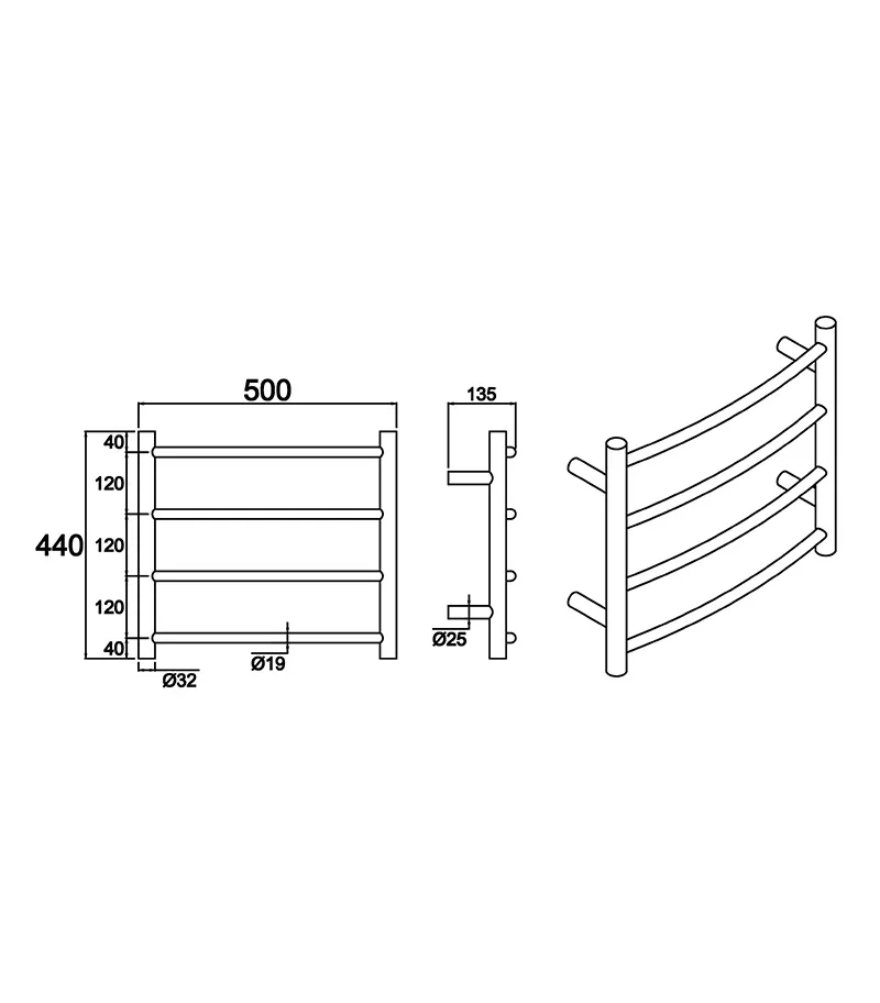 Round & Curved Heated Towel Rack 4 Bars - MB/BG Specification