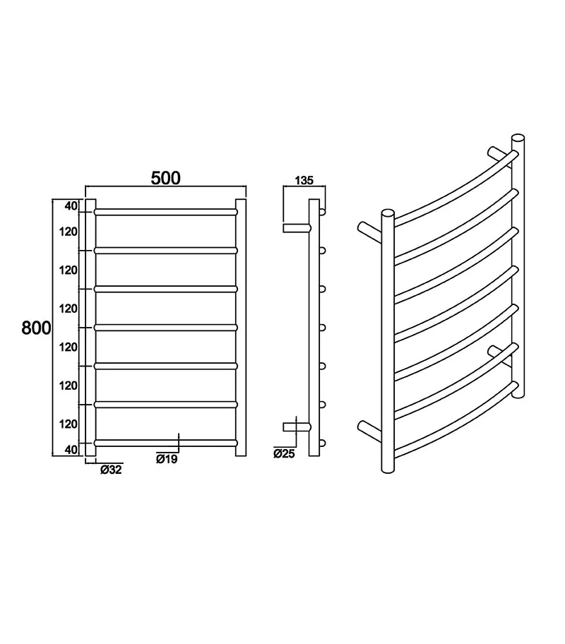 Round & Curved Heated Towel Rack 7 Bars - MB/BG Specification