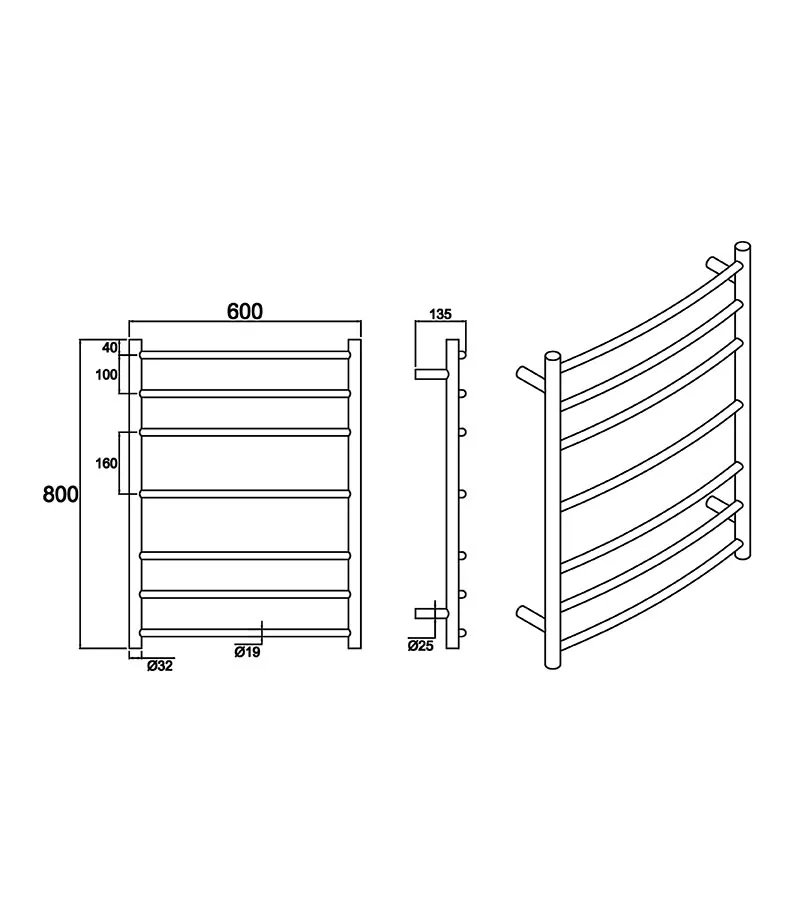 Round & Curved Heated Towel Rack 7 Bars (3+1+3) - MB/BG Specification