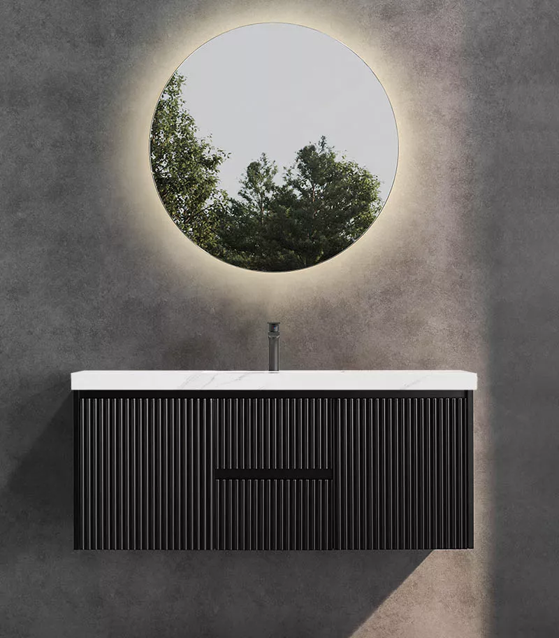 Brighton 1200mm Single Bowl Wall Hung Vanity Middle Drawer- Matt Black With Sintered Stone Top Brighton 1200mm Single Bowl Wall Hung Vanity Middle Drawer- Matt Black With Sintered Stone Top