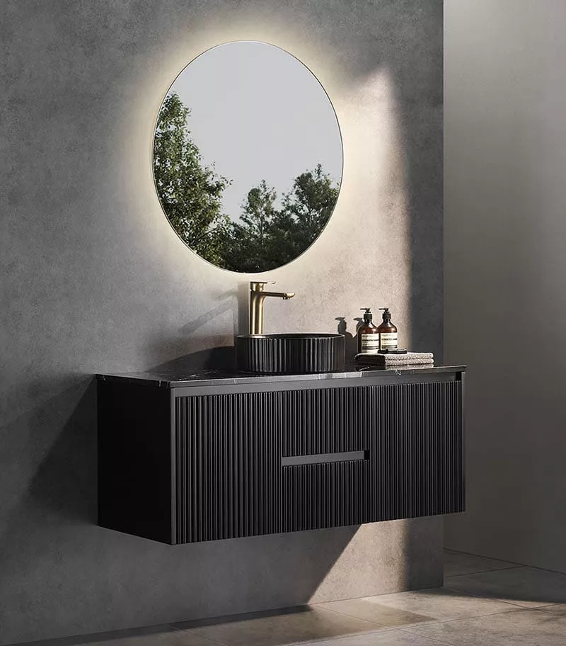 Brighton 1200mm Single Bowl Wall Hung Vanity Middle Drawer- Matt Black With Marble Stone Top Brighton 1200mm Single Bowl Wall Hung Vanity Middle Drawer- Matt Black With Marble Stone Top