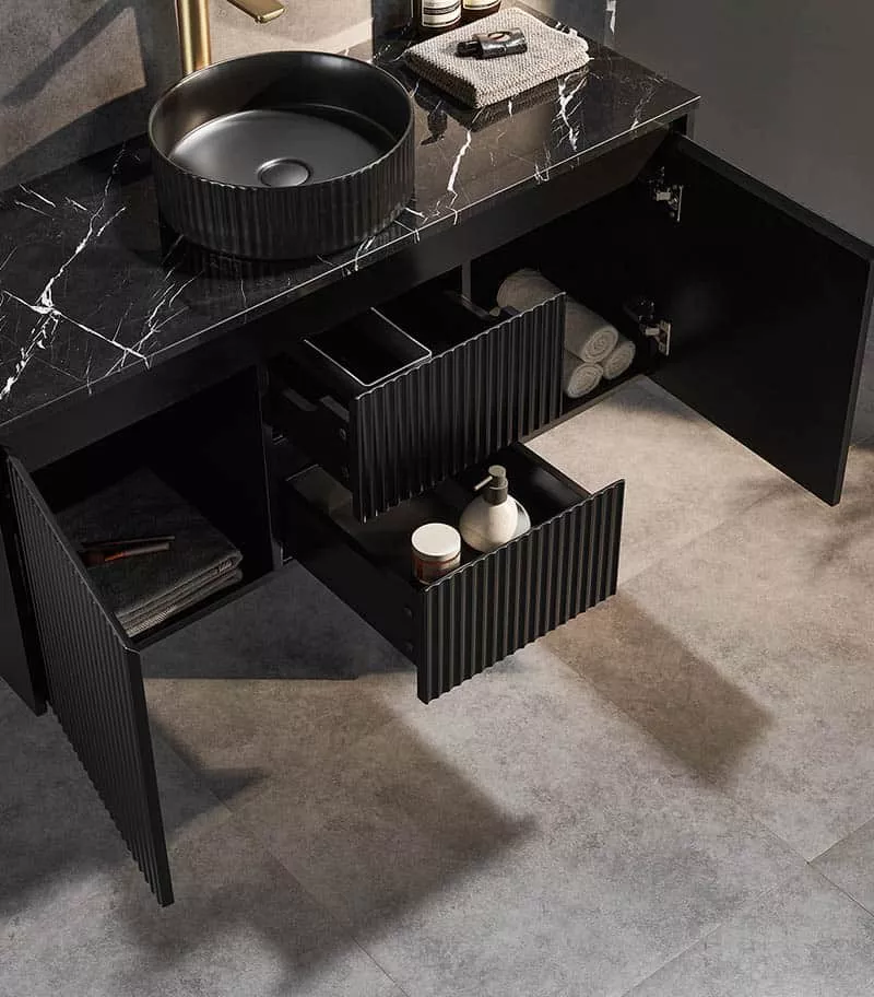 Brighton 1200mm Single Bowl Wall Hung Vanity Middle Drawer- Matt Black Open Door