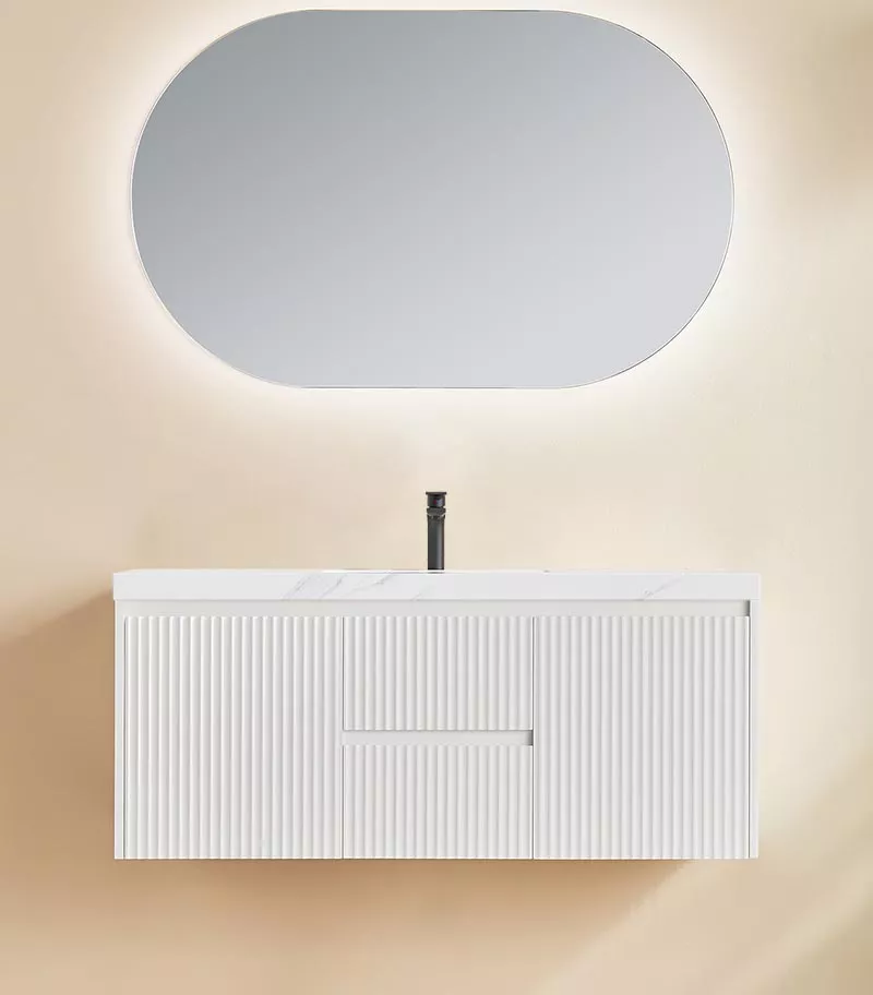 Brighton 1200mm Single Bowl Wall Hung Vanity Middle Drawer - Matt White With Sintered Stone Top Brighton 1200mm Single Bowl Wall Hung Vanity Middle Drawer - Matt White With Sintered Stone Top