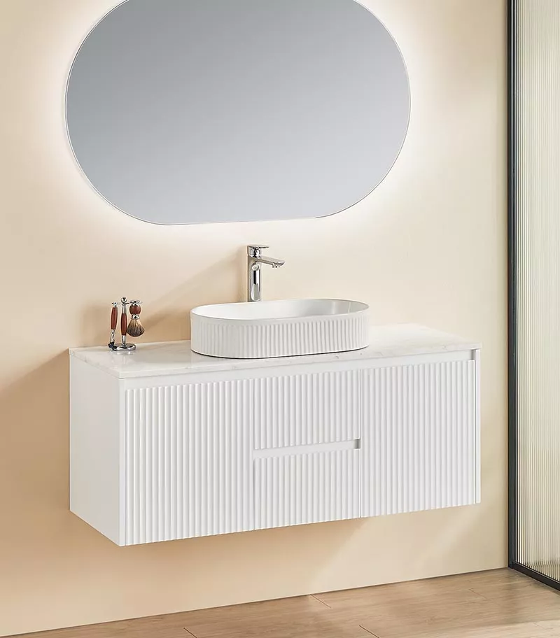 Brighton 1200mm Single Bowl Wall Hung Vanity Middle Drawer - Matt White With Matble Stone Top Brighton 1200mm Single Bowl Wall Hung Vanity Middle Drawer - Matt White With Matble Stone Top
