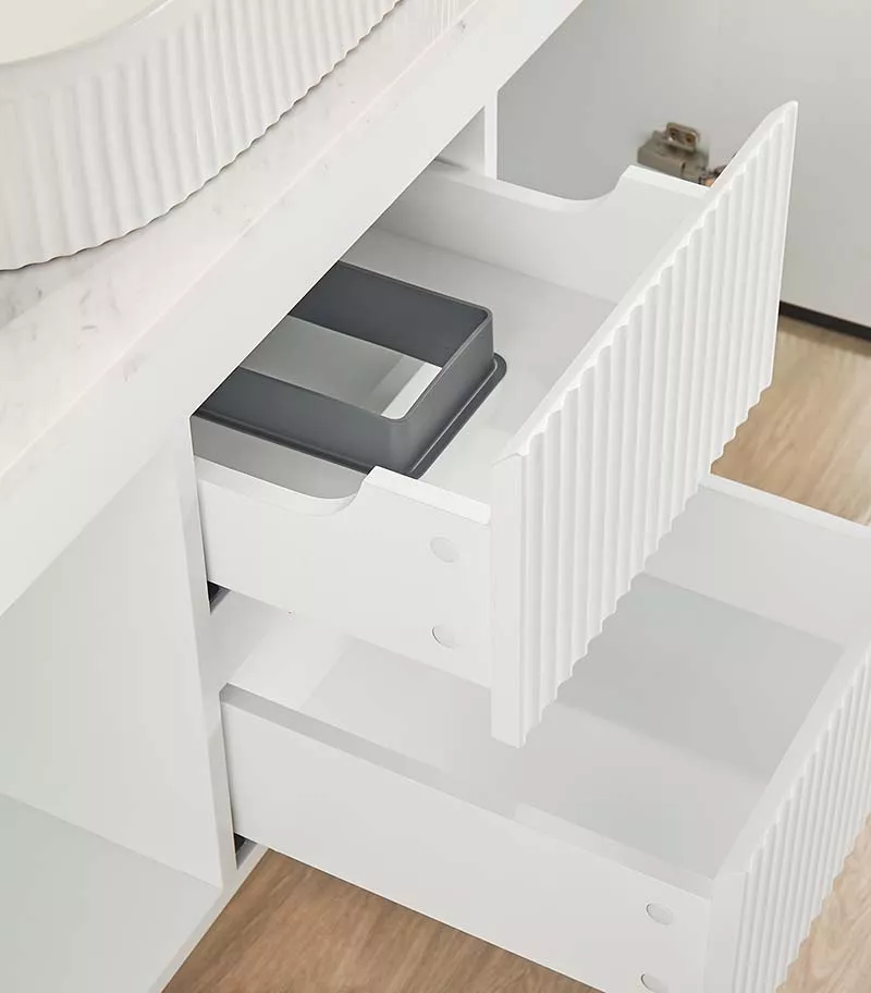 Brighton 1200mm Single Bowl Wall Hung Vanity Middle Drawer - Matt White Open Door Brighton 1200mm Single Bowl Wall Hung Vanity Middle Drawer - Matt White Open Door