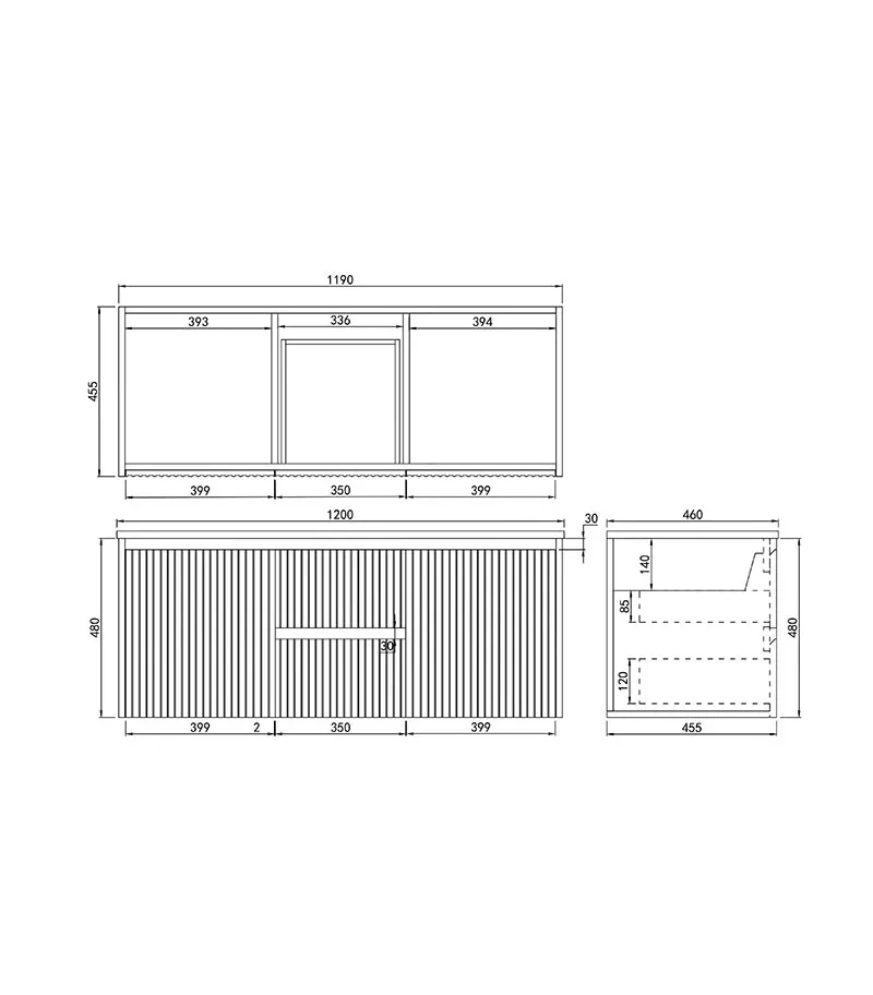 Brighton 1200mm Single Bowl Wall Hung Vanity Middle Drawer Specification