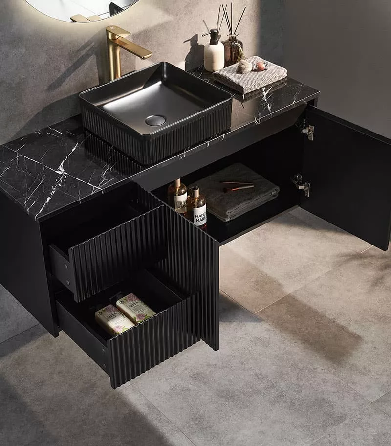 Brighton 1200mm Single Bowl Wall Hung Vanity - Matt Black Open Door Brighton 1200mm Single Bowl Wall Hung Vanity - Matt Black Open Door