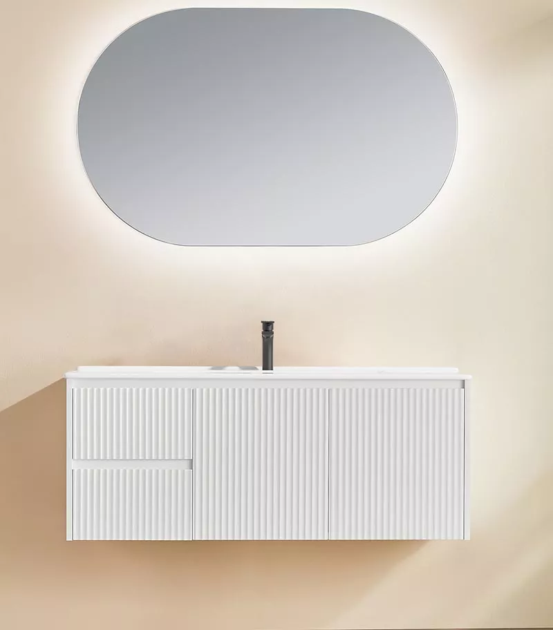 Brighton 1200mm Single Bowl Wall Hung Vanity LH Drawer On Side - Matt White With Ceramic Top