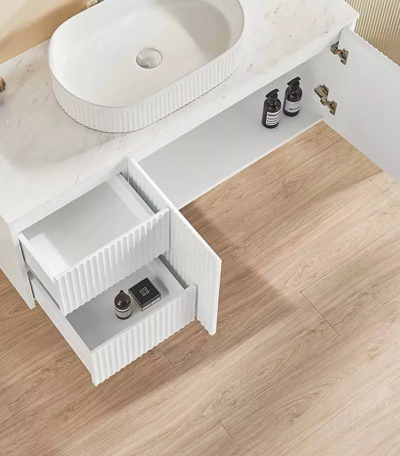 Brighton 1200mm Single Bowl Wall Hung Vanity LH Drawer On Side - Matt White Open Door Brighton 1200mm Single Bowl Wall Hung Vanity LH Drawer On Side - Matt White Open Door