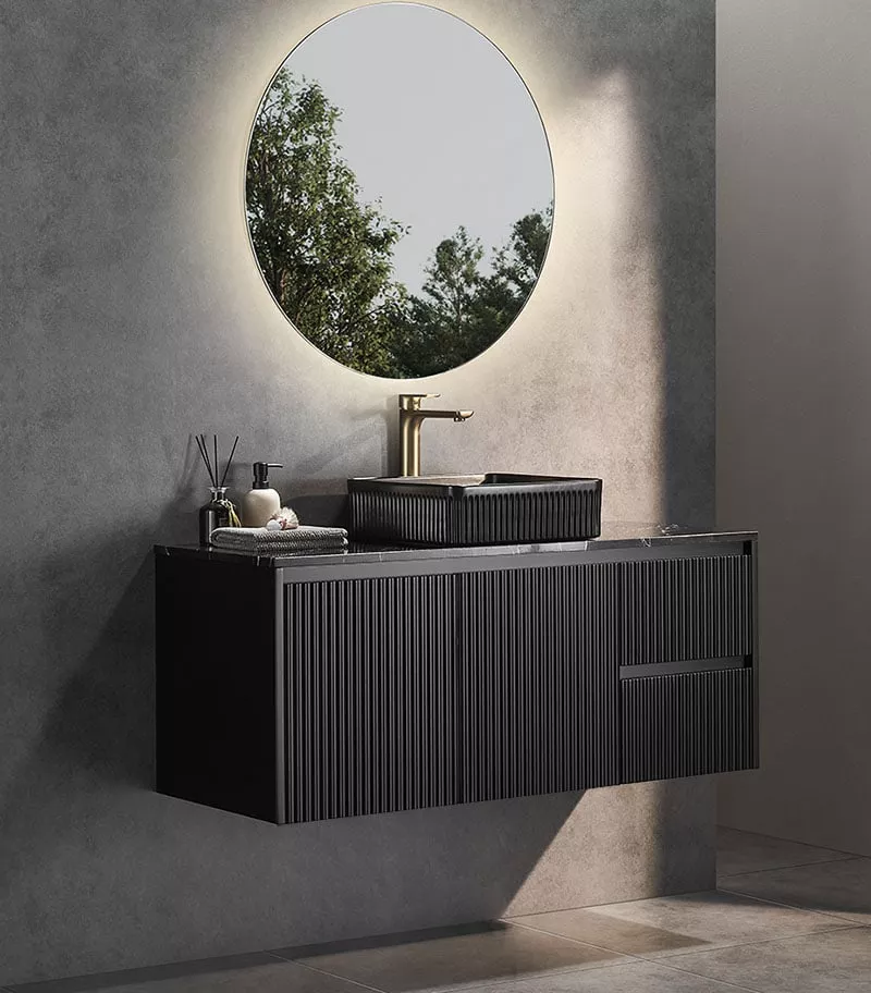 Brighton 1200mm Single Bowl Wall Hung Vanity - Matt Black RH With Marble Stone Top