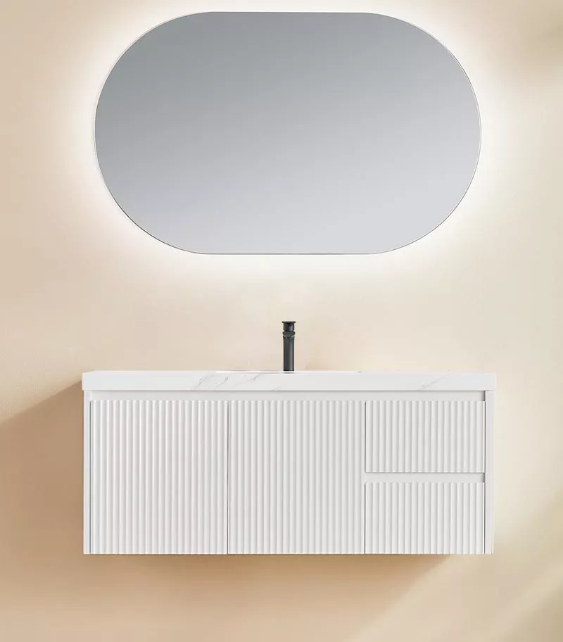 Brighton 1200mm Single Bowl Wall Hung Vanity RH Drawer On Side - Matt White With Sintered Stone Top Brighton 1200mm Single Bowl Wall Hung Vanity RH Drawer On Side - Matt White With Sintered Stone Top