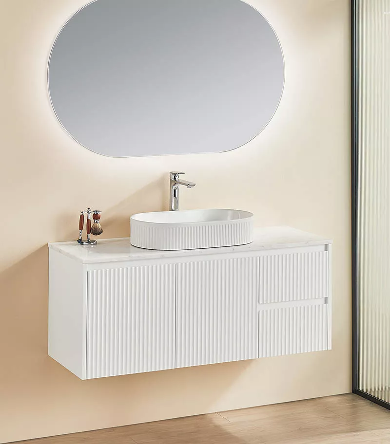 Brighton 1200mm Single Bowl Wall Hung Vanity RH Drawer On Side - Matt White With Marble Stone Top