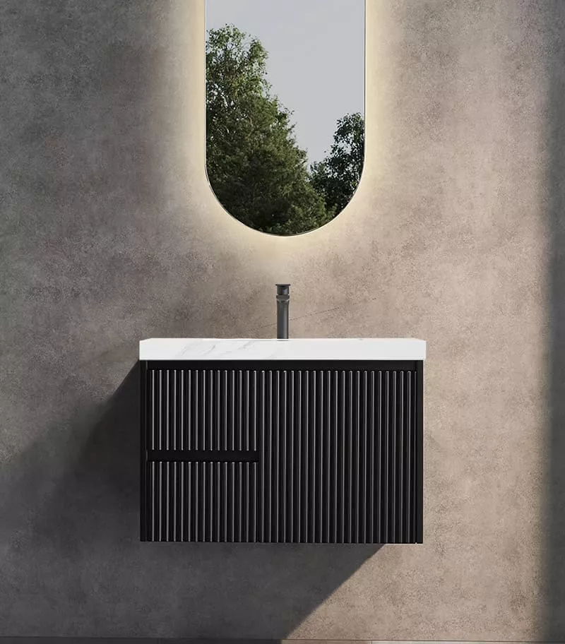 Brighton 750mm Wall Hung Vanity – Matt Black LH with Sintered Stone Top Brighton 750mm Wall Hung Vanity – Matt Black LH with Sintered Stone Top
