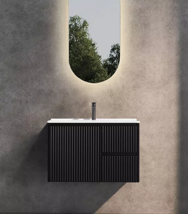 Brighton 750mm Wall Hung Vanity – Matt Black RH with Ceramic Top