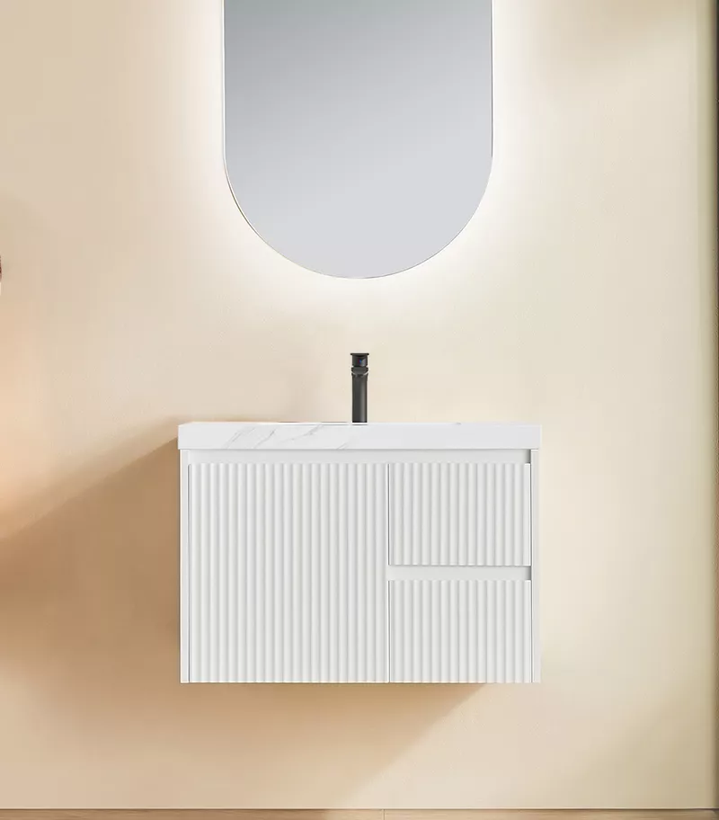 Brighton 750mm Wall Hung Vanity – Matt White RH with Sintered Stone Top Brighton 750mm Wall Hung Vanity – Matt White RH with Sintered Stone Top