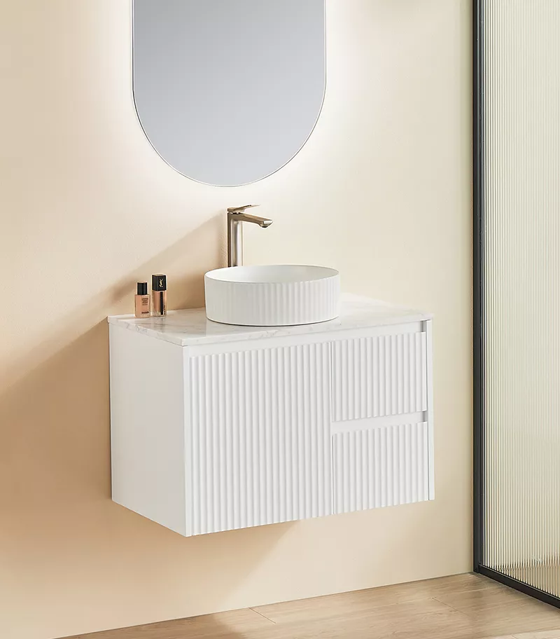 Brighton 750mm Wall Hung Vanity – Matt White RH with Marble Stone Top Brighton 750mm Wall Hung Vanity – Matt White RH with Marble Stone Top