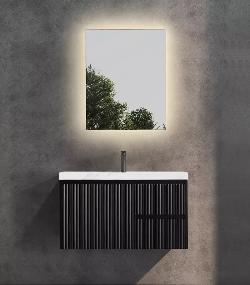 Brighton 900mm Wall Hung Vanity – Matt Black RH with Sintered Stone Top Brighton 900mm Wall Hung Vanity – Matt Black RH with Sintered Stone Top