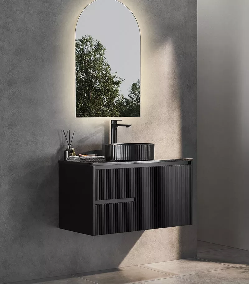 Brighton 900mm Wall Hung Vanity – Matt Black LH with Marble Stone Top