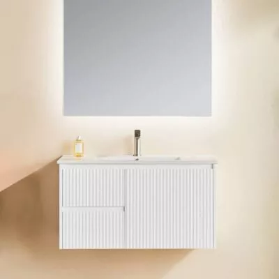 Brighton 900mm Wall Hung Vanity - Matt White LH with Ceramic Top