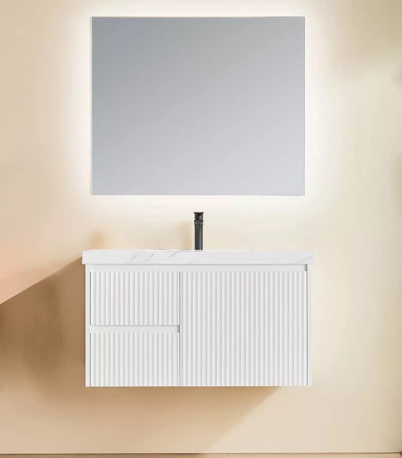 Brighton 900mm Wall Hung Vanity - Matt White LH with Sinetered Stone Top