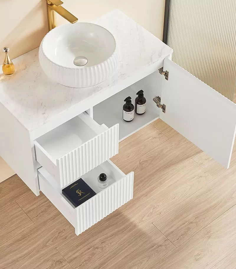Brighton 900mm Wall Hung Vanity - Matt White Open door