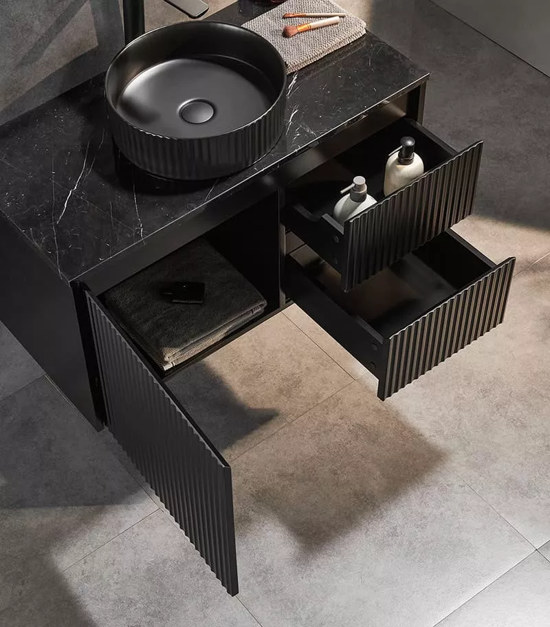 Brighton 900mm Wall Hung Vanity – Matt Black Open Door Brighton 900mm Wall Hung Vanity – Matt Black Open Door