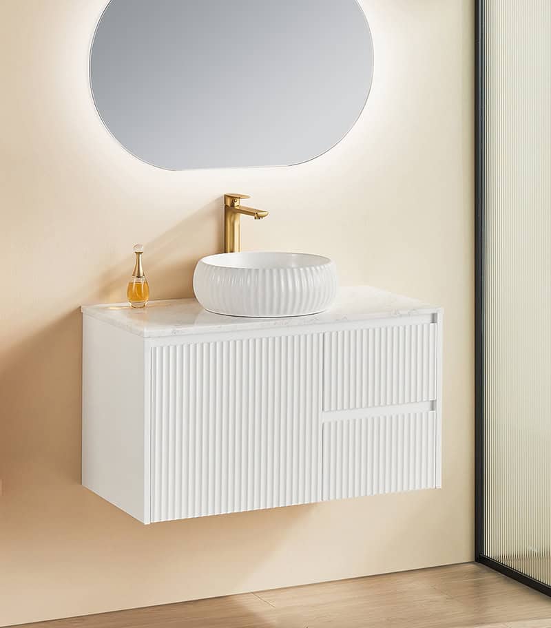 Brighton 900mm Wall Hung Vanity - Matt White RH with Marble Stone Top