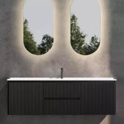 Brighton 1500mm Single Bowl Wall Hung Vanity | Middle Drawers - Matt Black With Ceramic Top