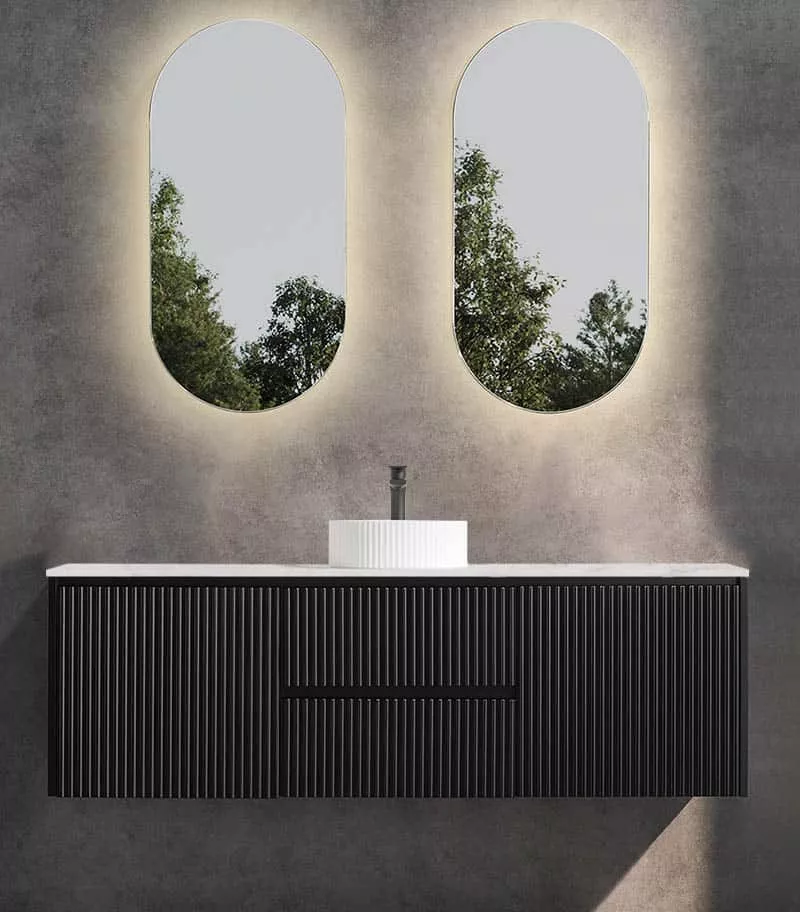 Brighton 1500mm Single Bowl Wall Hung Vanity | Middle Drawers - Matt Black With Marble Stone Top