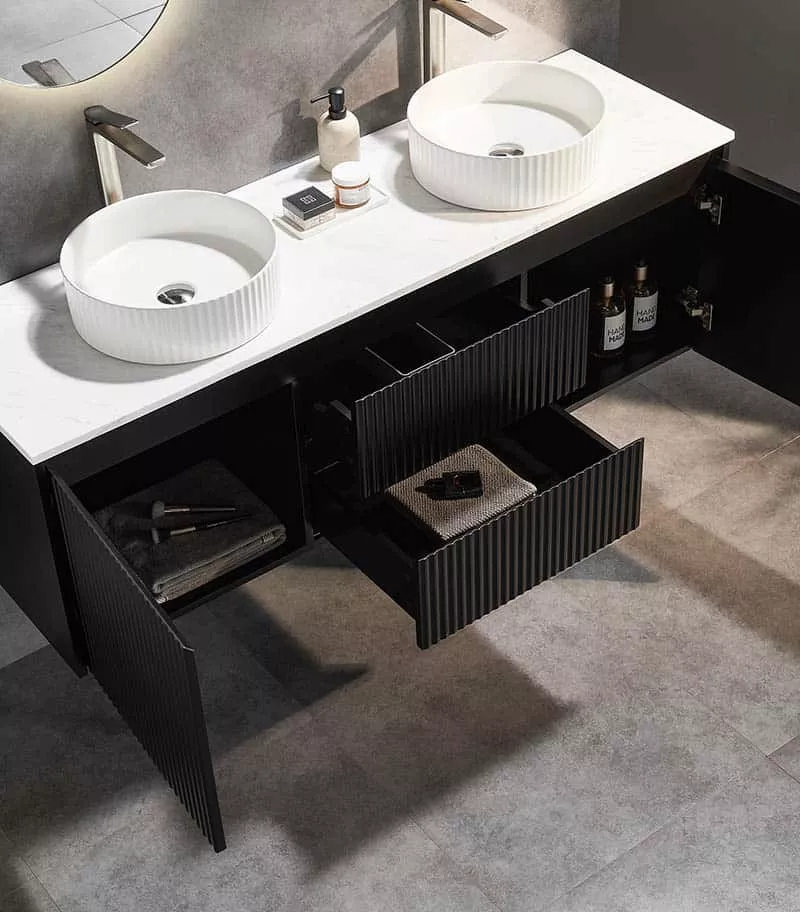 CB1521W-MB Open Door Brighton 1500mm Double Bowl Wall Hung Vanity | Middle Drawers - Matt Black