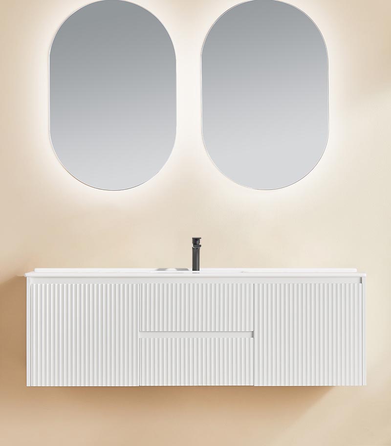 Brighton 1500mm Single Bowl Wall Hung Vanity | Middle Drawers - Matt White with Ceramic Top