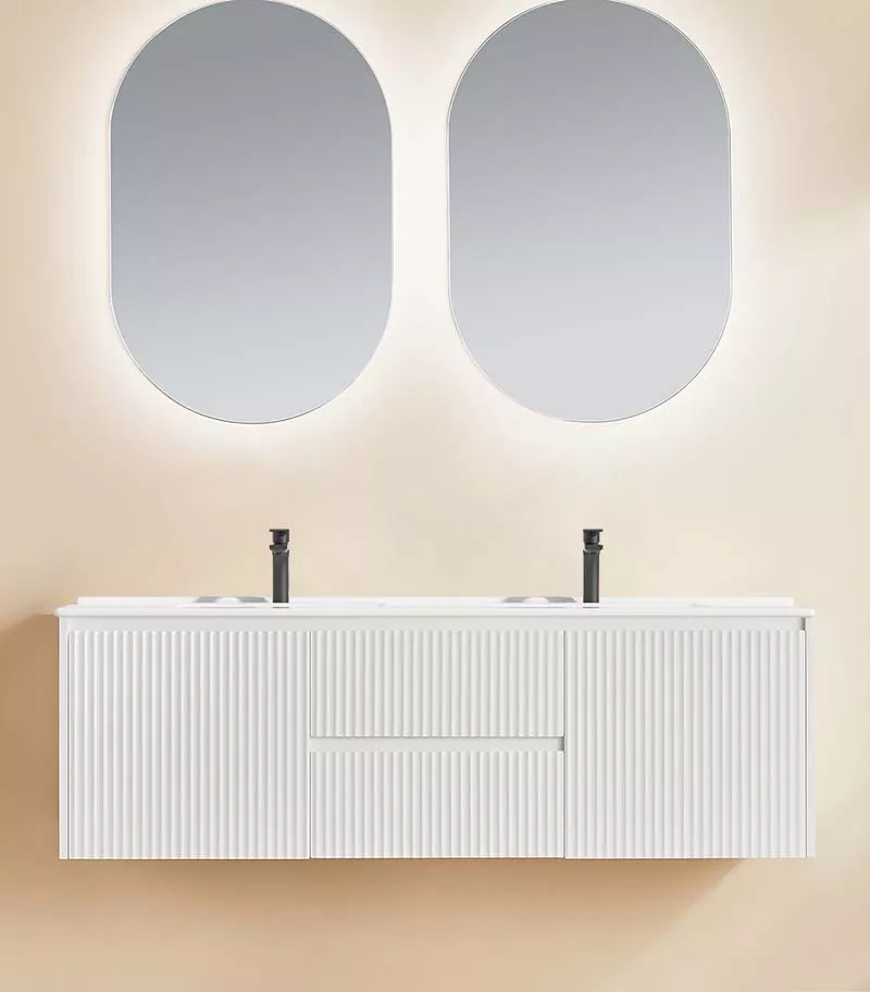 Brighton 1500mm Double Bowl Wall Hung Vanity | Middle Drawers - Matt White with Ceramic Top
