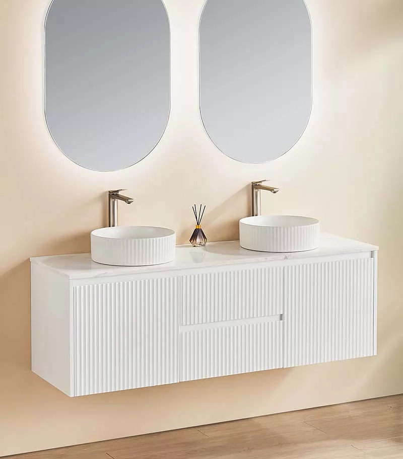 Brighton 1500mm Double Bowl Wall Hung Vanity | Middle Drawers - Matt White with Marble Stone Top
