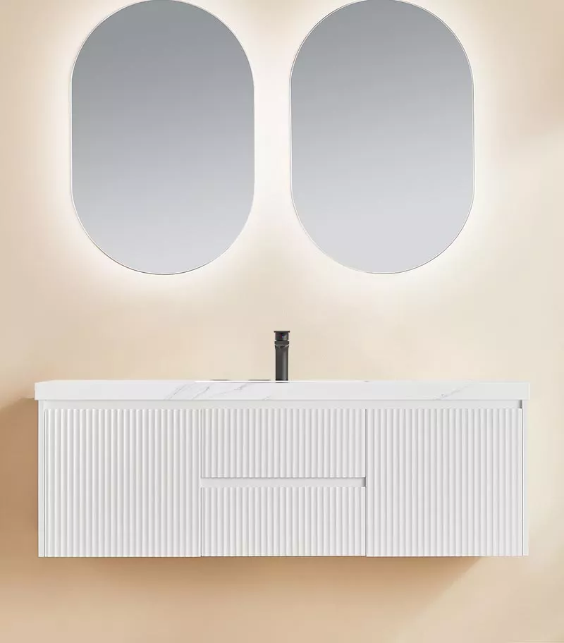 Brighton 1500mm Single Bowl Wall Hung Vanity | Middle Drawers - Matt White with Sintered Stone Top Brighton 1500mm Single Bowl Wall Hung Vanity | Middle Drawers - Matt White with Sintered Stone Top