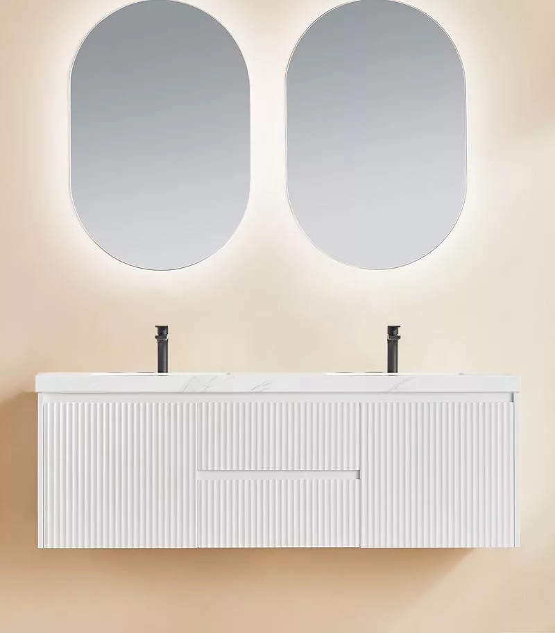 Brighton 1500mm Double Bowl Wall Hung Vanity | Middle Drawers - Matt White with Sintered Stone Top Brighton 1500mm Double Bowl Wall Hung Vanity | Middle Drawers - Matt White with Sintered Stone Top