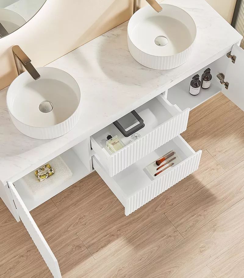 Brighton 1500mm Double Bowl Wall Hung Vanity | Middle Drawers - Matt White Open Door Brighton 1500mm Double Bowl Wall Hung Vanity | Middle Drawers - Matt White Open Door