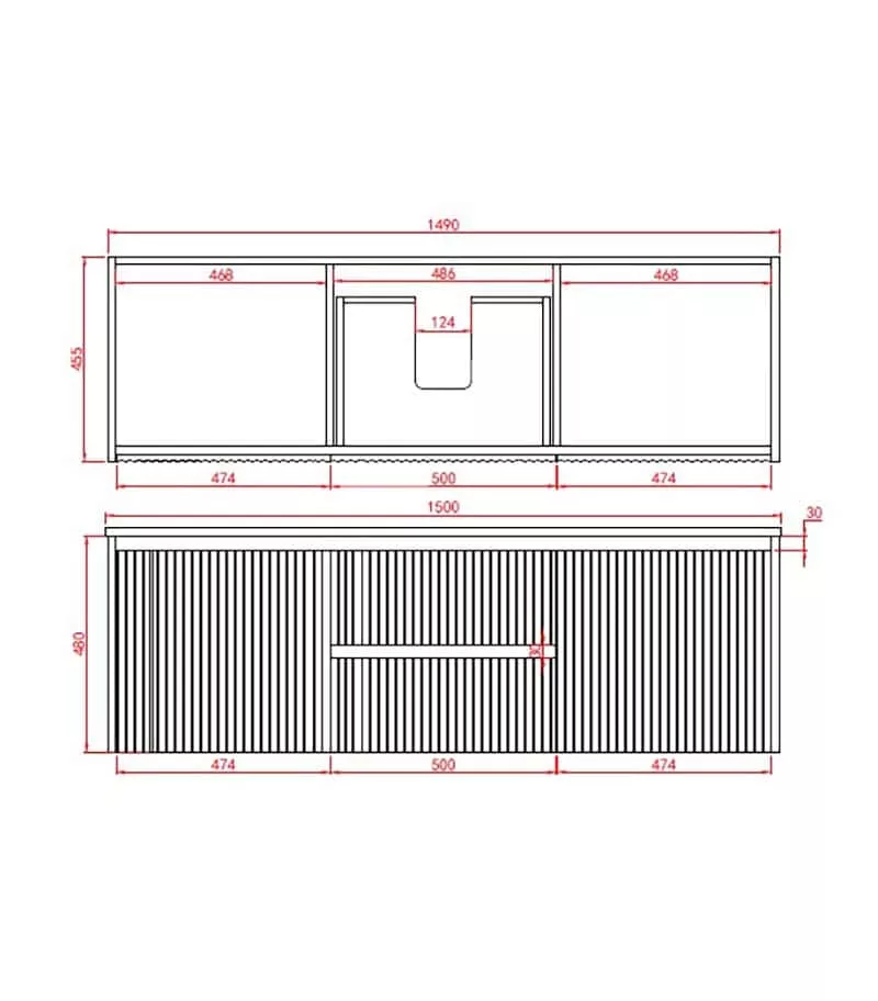 Brighton 1500mm Wall Hung Vanity | Middle Drawers Specification