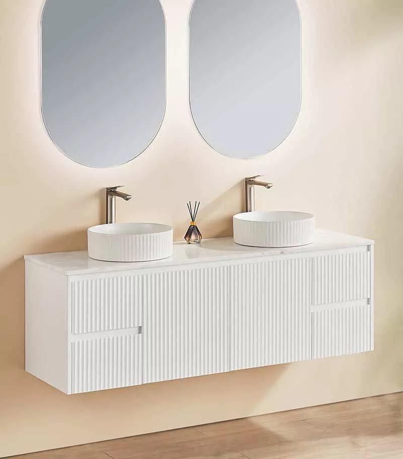 Brighton 1500mm Double Bowl Wall Hung Vanity - Matt White with Marble Stone Top