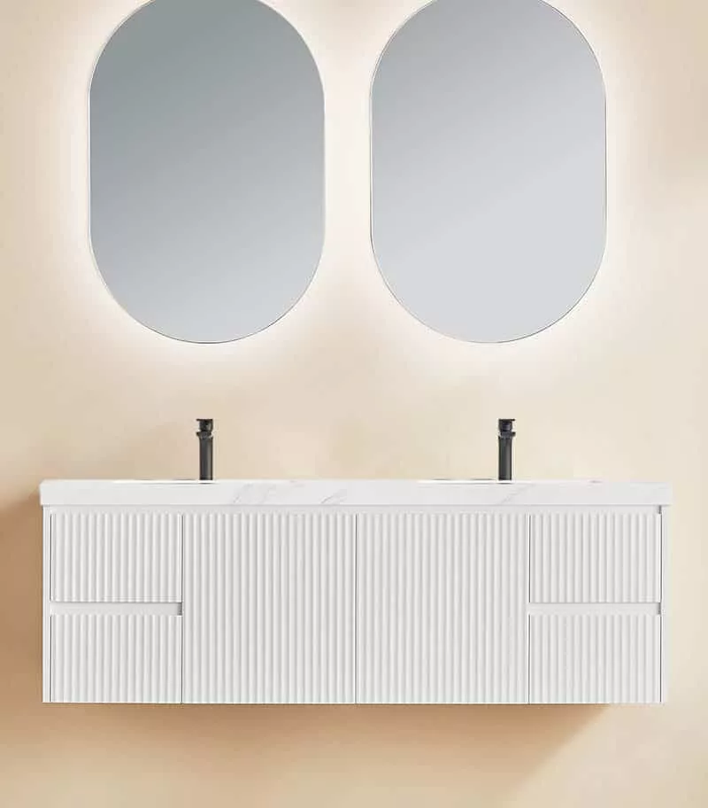 Brighton 1500mm Double Bowl Wall Hung Vanity - Matt White with Sintered Stone Top Brighton 1500mm Double Bowl Wall Hung Vanity - Matt White with Sintered Stone Top