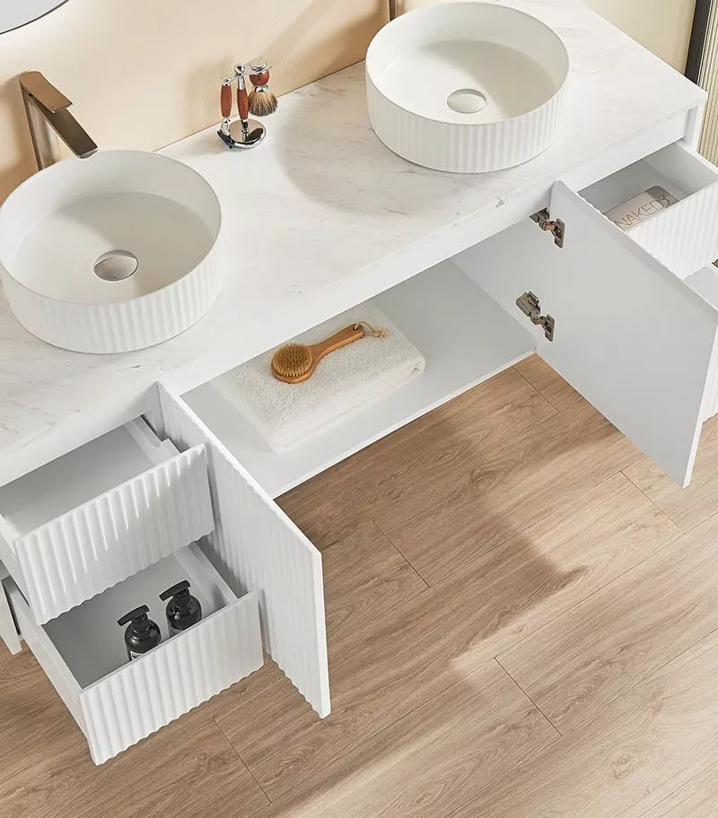 Brighton 1500mm Double Bowl Wall Hung Vanity - Matt White Open Door Brighton 1500mm Double Bowl Wall Hung Vanity - Matt White Open Door