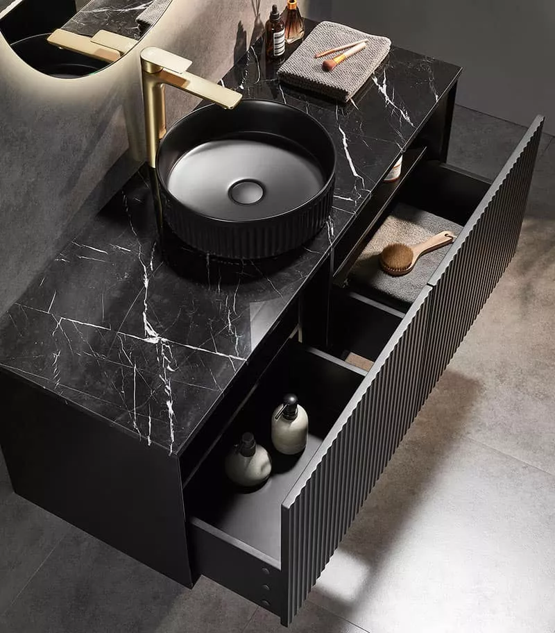 Kirribilli 1200/1500mm Single Bowl Wall Hung Vanity - Matt Black Open Door