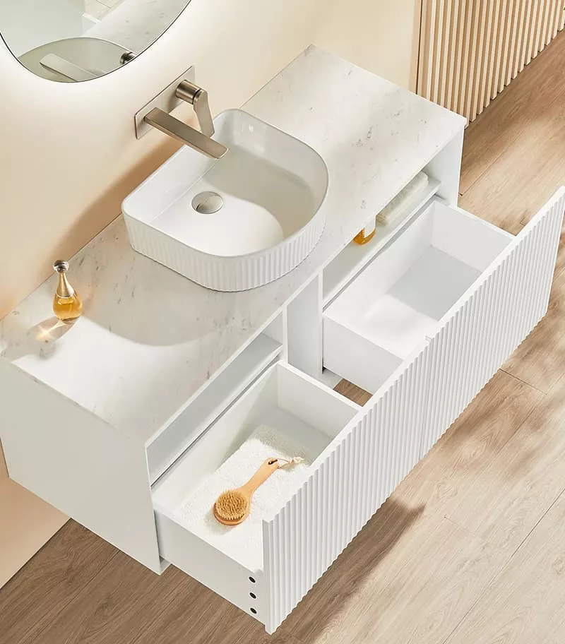 Kirribilli 1200/1500mm Single Bowl Wall Hung Vanity - Matt White Open Door