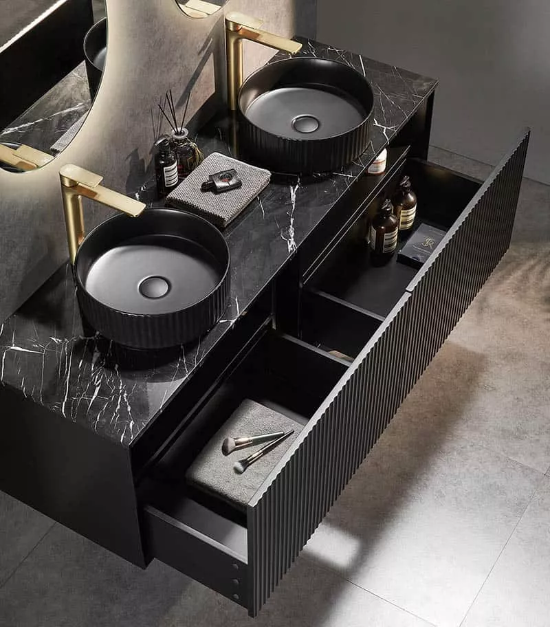 Kirribilli 1200/1500mm Double Bowl Wall Hung Vanity - Matt Black Interior View