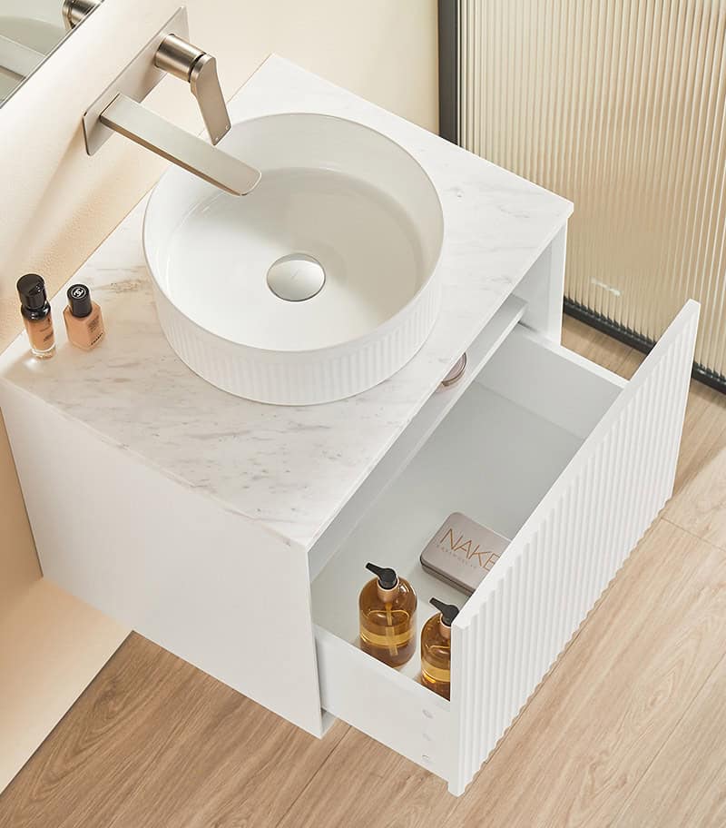Kirribilli Wall Hung Vanity - Matt White Open Door