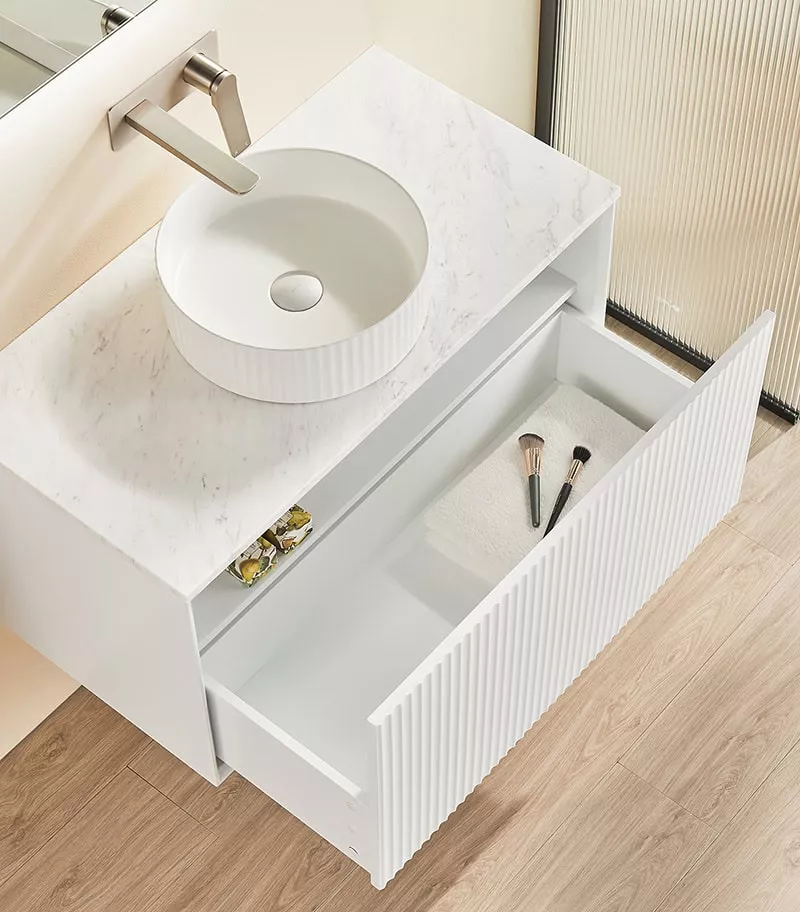 Kirribilli 900mm Wall Hung Vanity - Matt White Open Door