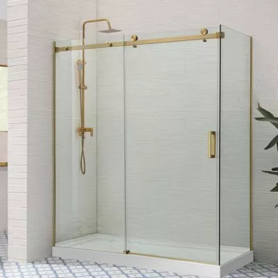 Square / L Shape Sliding Door Brushed Gold Frameless Shower Screen