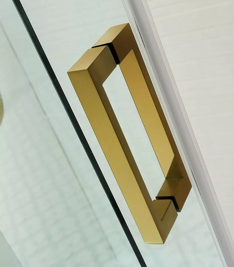 Square / L Shape Sliding Door 870-1450mm Brushed Gold Frameless Shower Screen - Topview - Square Handle Square / L Shape Sliding Door 870-1450mm Brushed Gold Frameless Shower Screen - Topview - Square Handle
